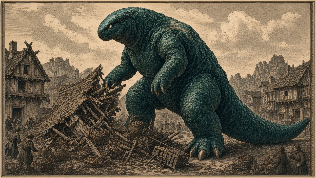 商業区画を踏み潰す巨大怪獣いのら