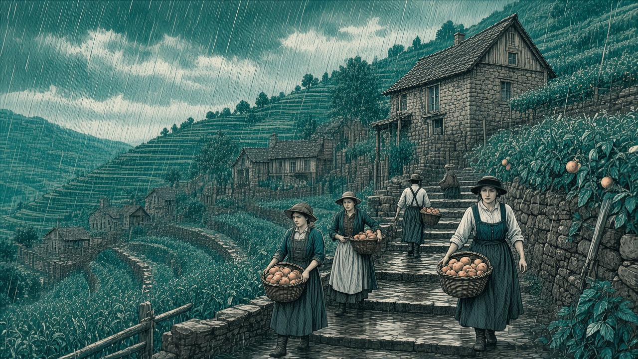 雨の段々畑で桃の籠を運ぶ人々