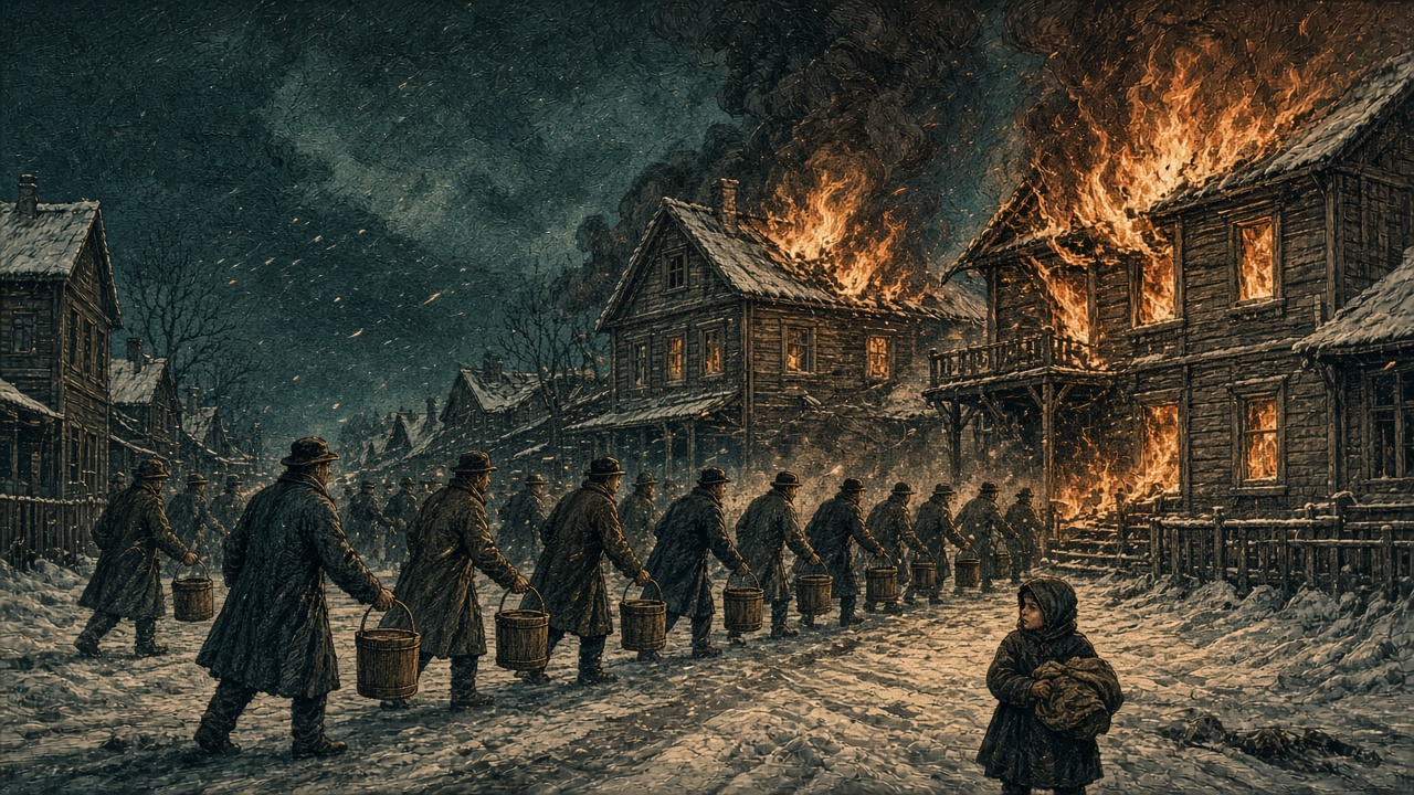 雪の残る街並みで、桶を手渡しながら消火にあたる住民